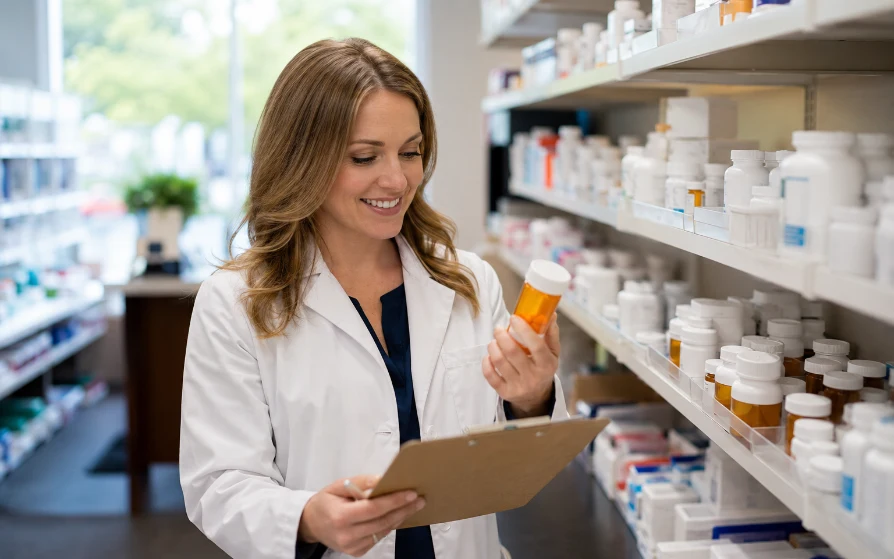 Pharmacist inspecting a jar of custom compounded acne treatment cream at UnityRX Pharmacy