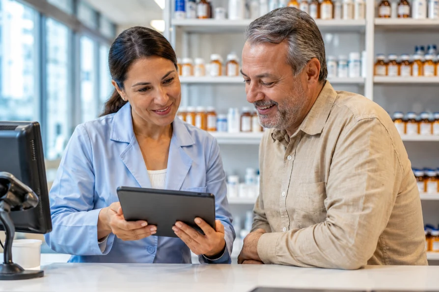 Pharmacist consulting with a male patient about men's health compounding options at UnityRX Pharmacy