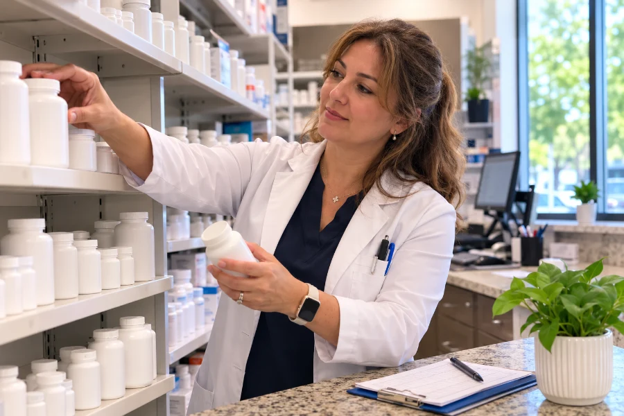 Retail shelf area at UnityRX Pharmacy where compounded dental prescriptions are prepared for pickup