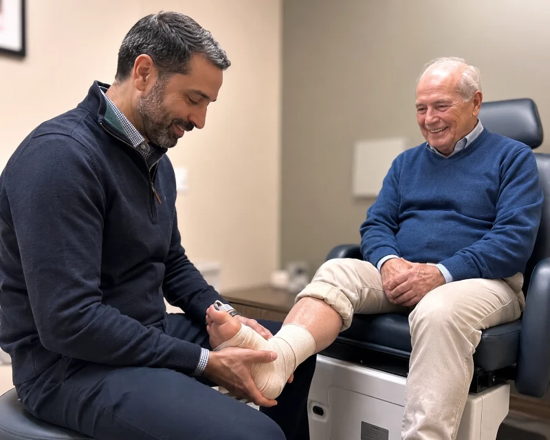 Provider checking in with a smiling patient during a post-surgical wound follow-up visit