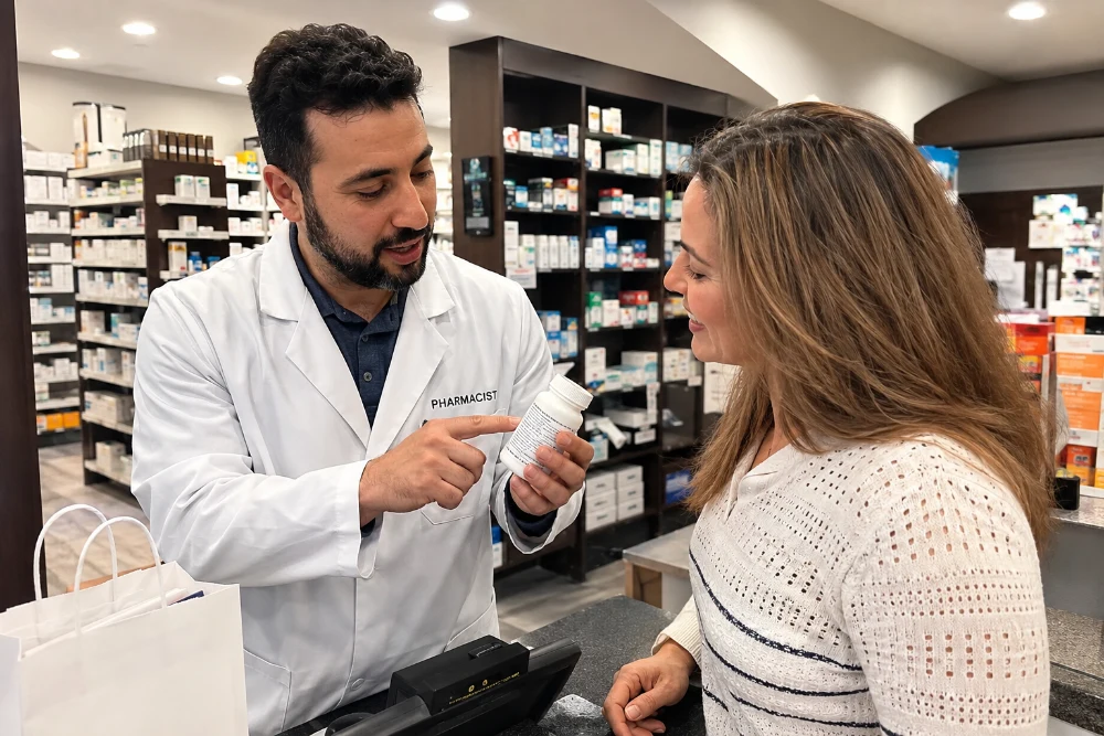 Pharmacist reviewing a medication label with a parent, pointing to the ingredient list for dye-free allergen-free compounding
