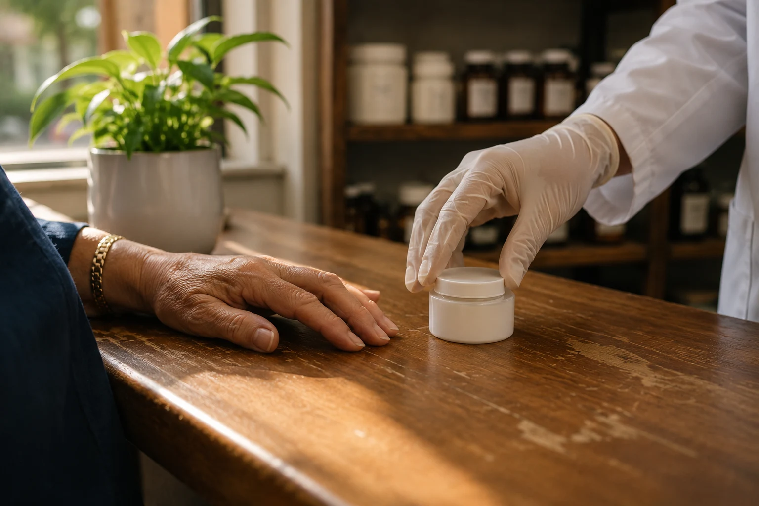 Pharmacist handing a compounded topical cream to a patient at the pharmacy counter