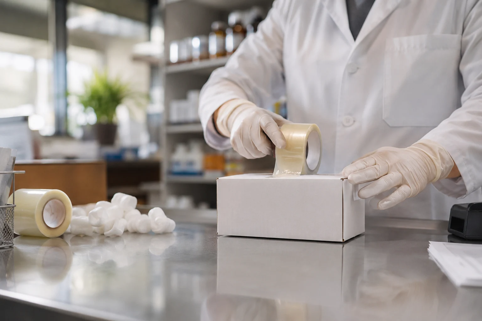 Pharmacist sealing a compounded pain-relief prescription for free delivery at UnityRX Pharmacy