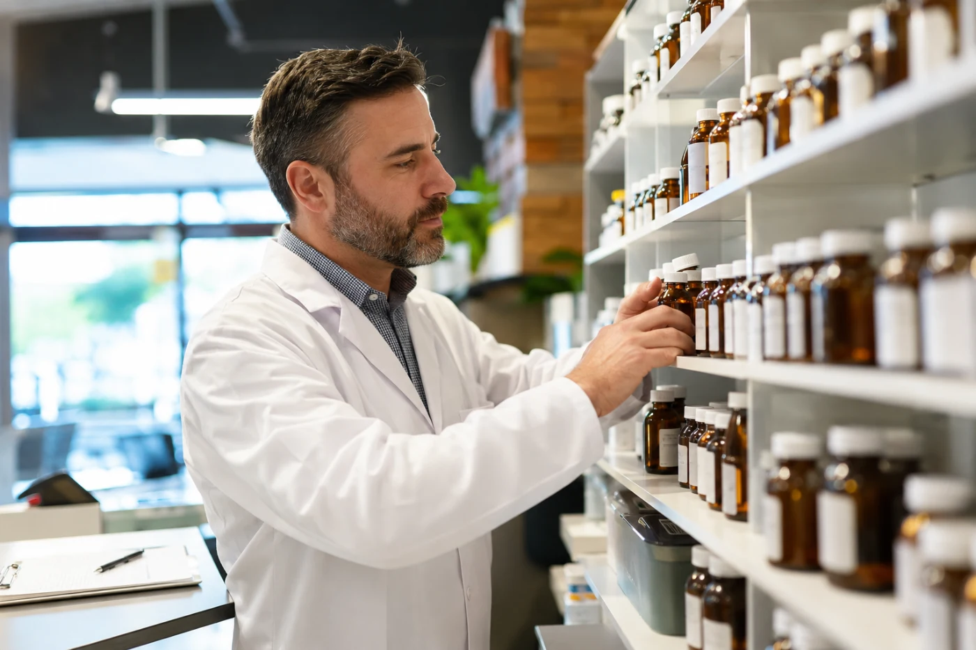 Pharmacist checking compounded podiatry medications on the shelf at UnityRX Pharmacy in Plano, TX