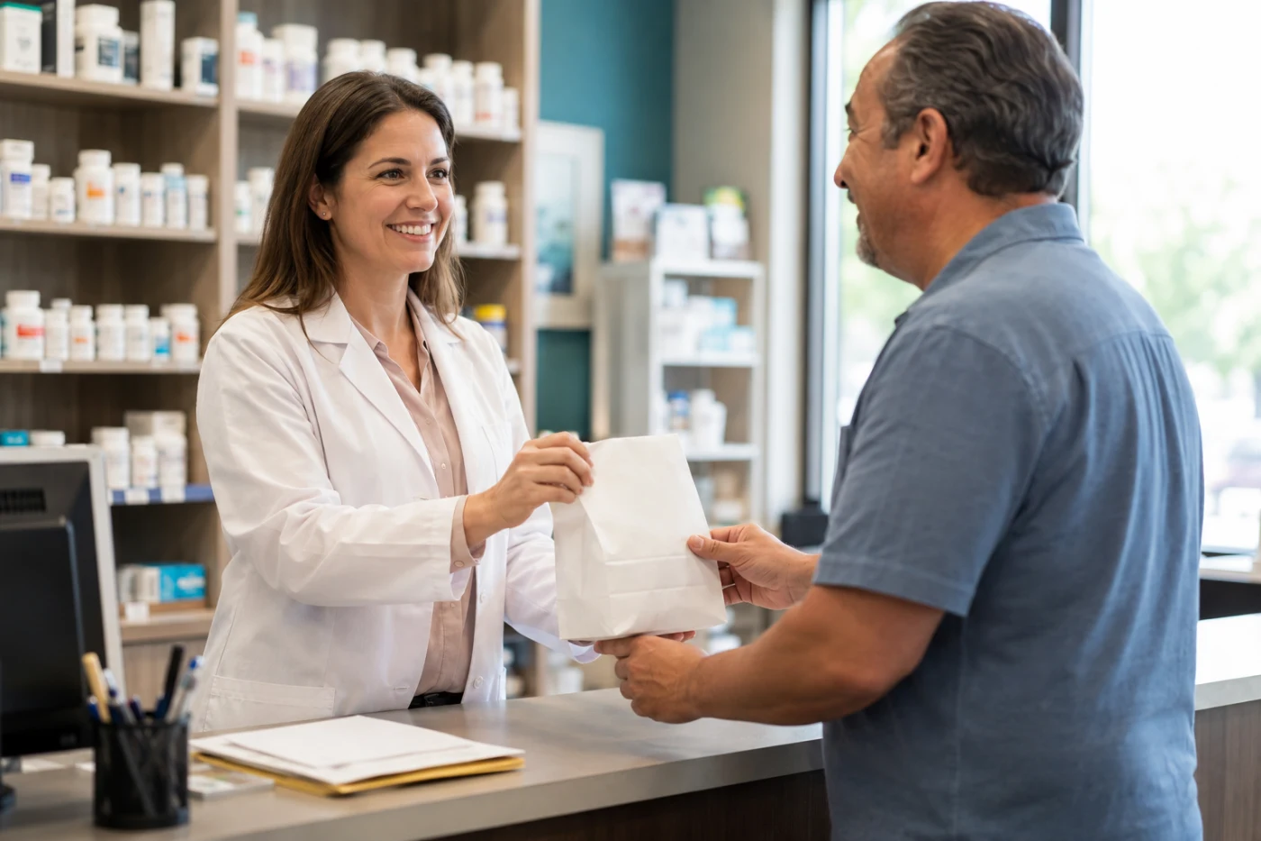 Pharmacist handing compounded hyperhidrosis foot odor medication to patient at UnityRX Pharmacy in Plano, TX