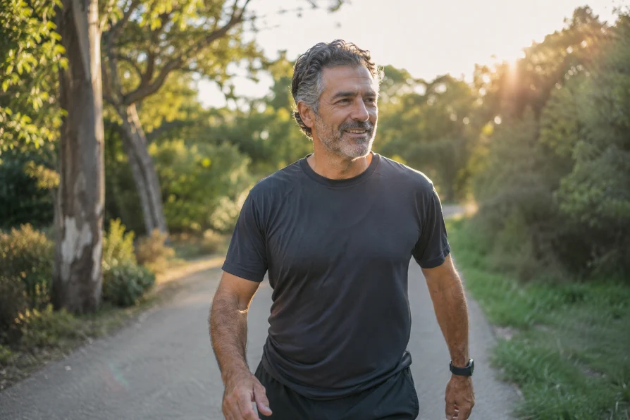 Active mature man enjoying an outdoor walk, representing renewed vitality from men's health compounding
