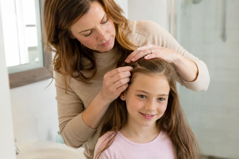 Parent checking a child's hair before starting head lice treatment