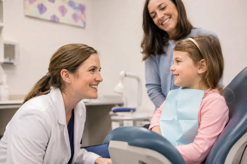 Pediatric provider examining a child's mouth for oral thrush or cold sores