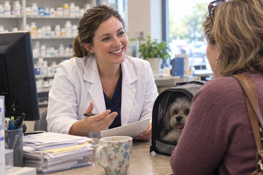 Pharmacist consulting with a pet owner about a compounded veterinary prescription at UnityRX Pharmacy in Plano, TX