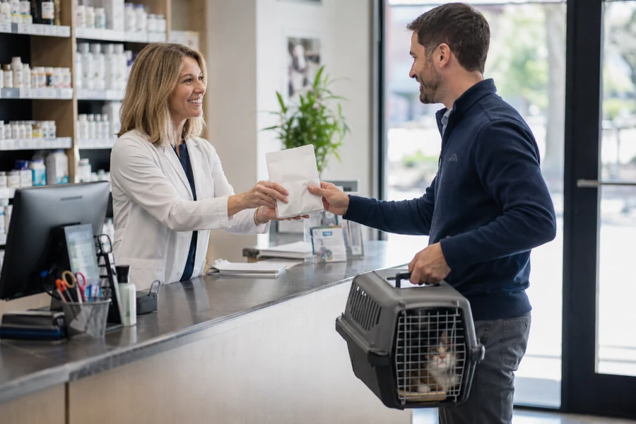 Pharmacist handing a compounded veterinary prescription to a pet owner at pickup - UnityRX Pharmacy