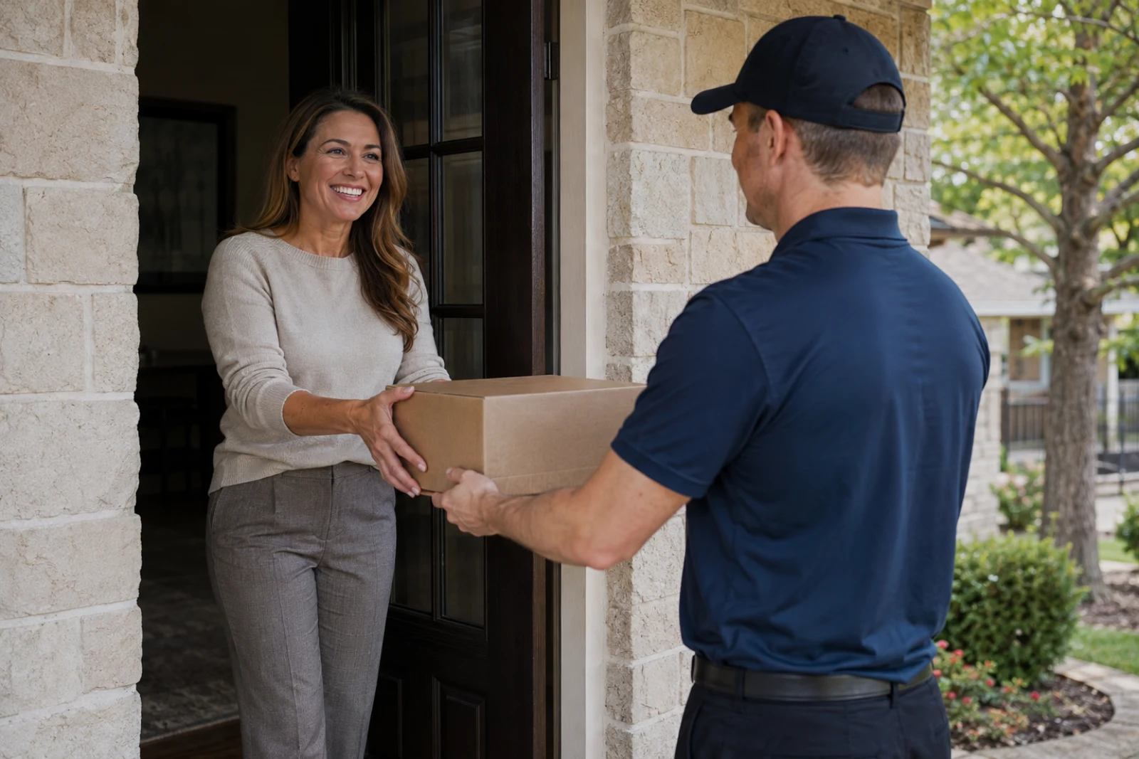 A smiling pharmacy customer receiving a delivery from a courier at her front door in DFW, Texas