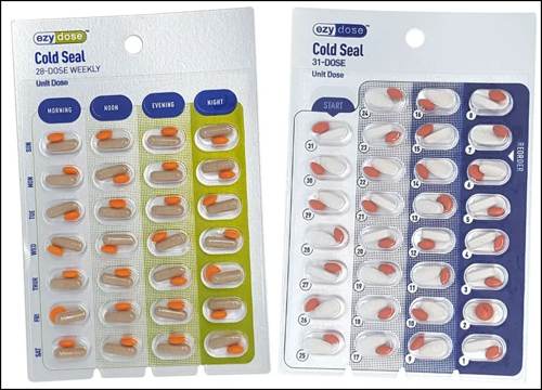 Cold seal blister packaging cards, unit dose weekly and 31-dose cards, used for long term care medication compliance packaging at UnityRX Pharmacy