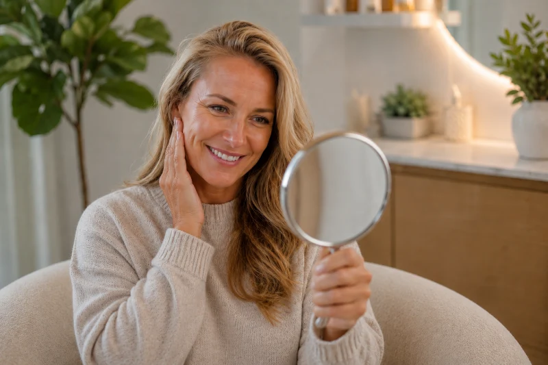 Smiling woman examining her clear, even-toned skin in a handheld mirror
