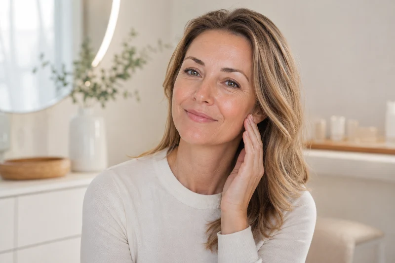 Calm smiling woman gently touching her clear skin in a bright treatment room