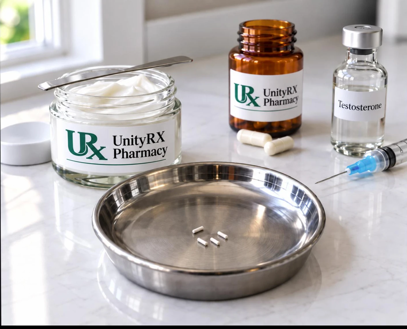 BHRT bioidentical hormone replacement therapy pellet alongside UnityRX Pharmacy branded cream, capsules, and testosterone vial in Plano, TX