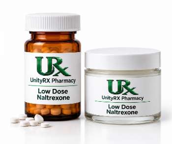 UnityRX Pharmacy Low Dose Naltrexone LDN compounded small tablets and topical cream jar