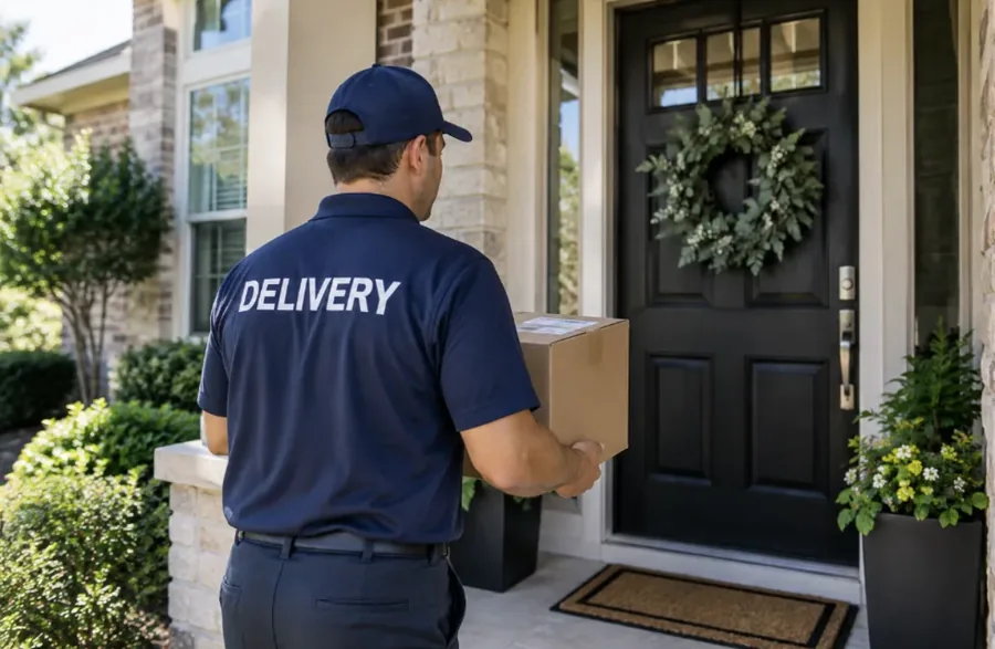 Delivery carrier dropping off a mail-order prescription package at a customer’s front door