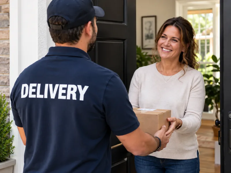 Pharmacy delivery driver handing a compounded medication package to a smiling customer at her front door