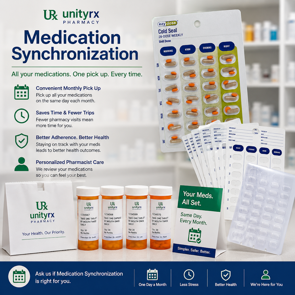 UnityRX Pharmacy Medication Synchronization program graphic showing a 28-dose blister pack organizer, labeled prescription bottles, and a UnityRX pickup bag