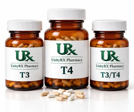 UnityRX Pharmacy compounded thyroid T3, T4, and T3/T4 capsule bottles