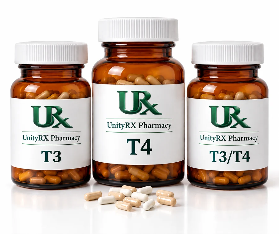 UnityRX Pharmacy compounded thyroid T3, T4, and T3/T4 combination capsule bottles