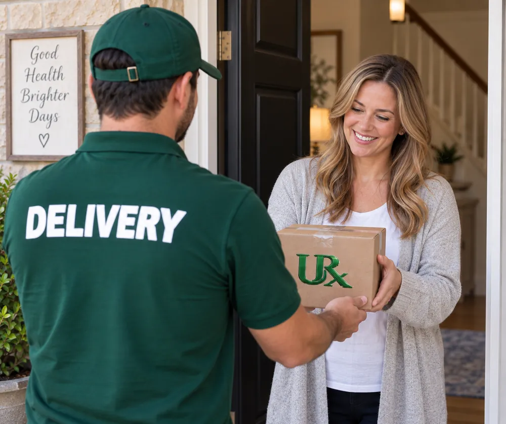 Pharmacy delivery driver handing a compounded dental medication package to a smiling customer at her front door