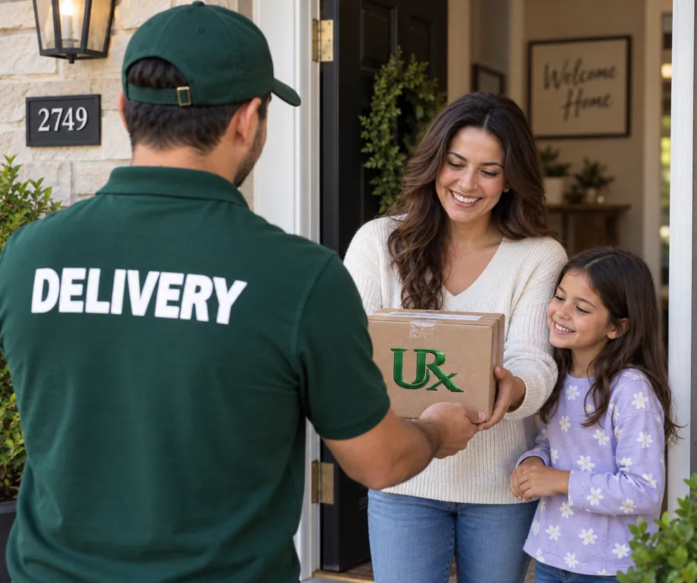 Pharmacy delivery driver handing a compounded pediatric medication package to a parent and child at their front door