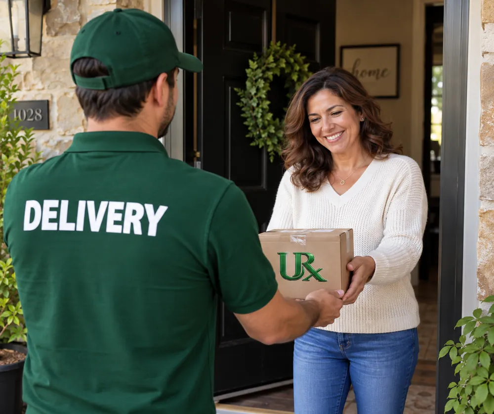 Pharmacy delivery driver handing a compounded medication package to a customer at her front door