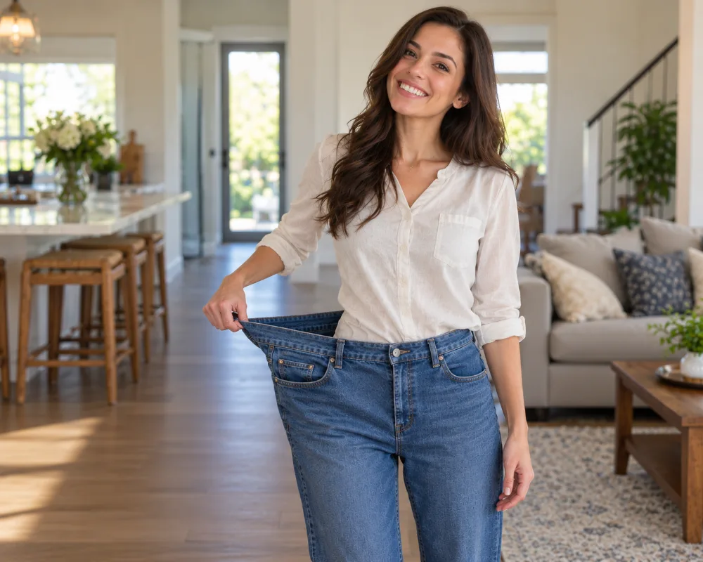 Smiling woman holding out the waistband of her loose jeans